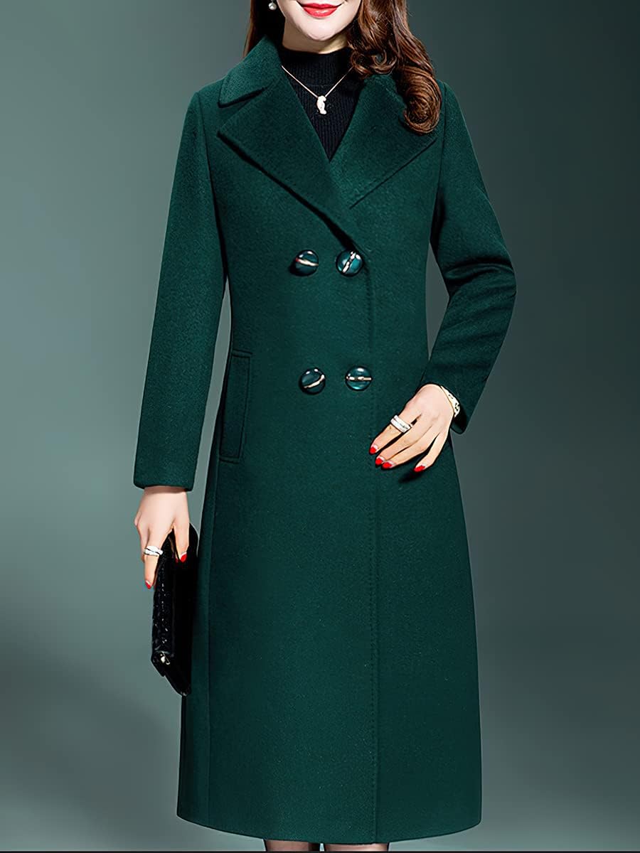 ebossy Women's Elegant Business Wool Coat Double Breasted Winter Long Coat