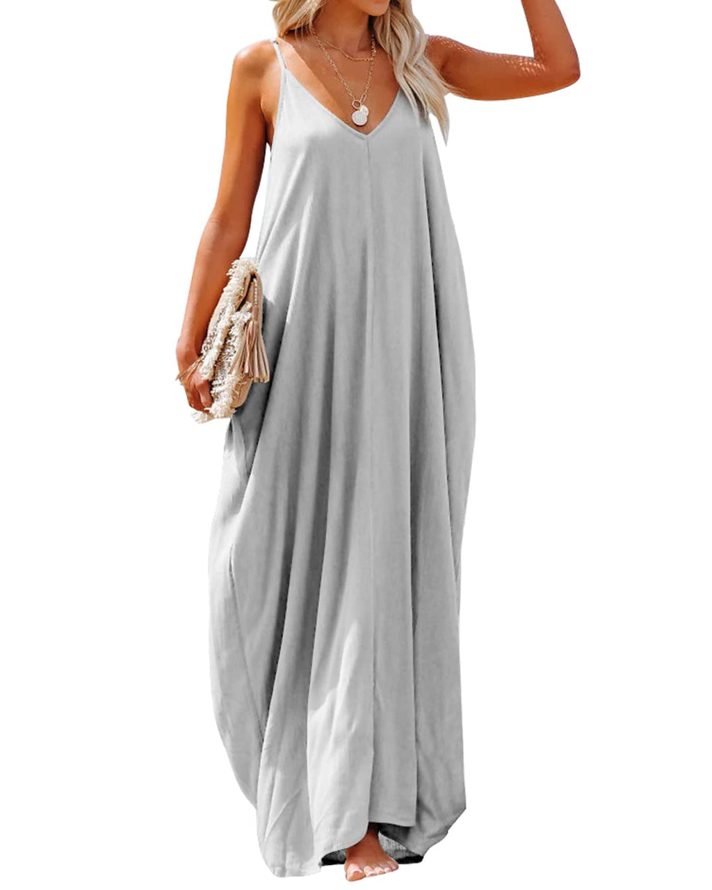 Poetsky Womens Casual Strappy V Neck Sleeveless Flowy Pockets Loose Long Maxi Beach Dress Sundress