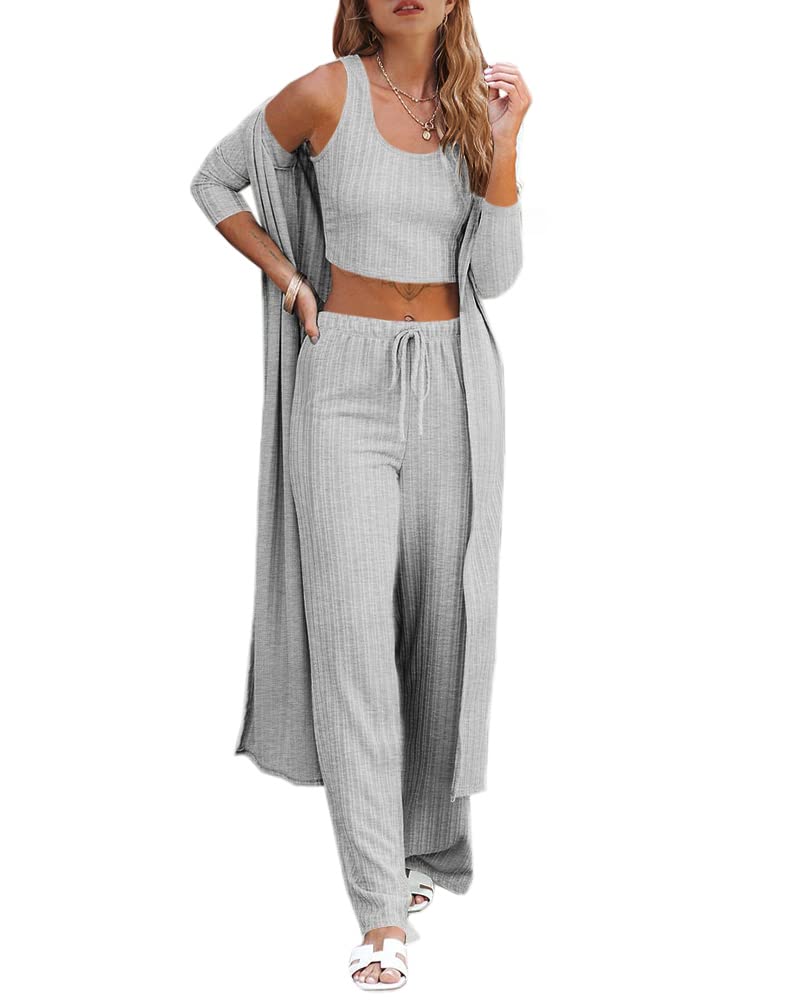 Fessceruna Womens 3 Piece Lounge Sets Pajamas Knit Long Sleeve Cardigan Crop Top Wide Leg Pants Loungewear Set