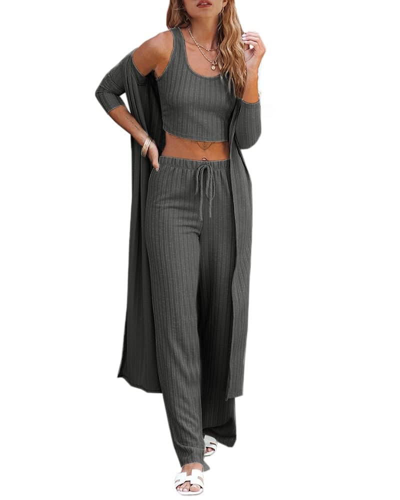 Fessceruna Womens 3 Piece Lounge Sets Pajamas Knit Long Sleeve Cardigan Crop Top Wide Leg Pants Loungewear Set