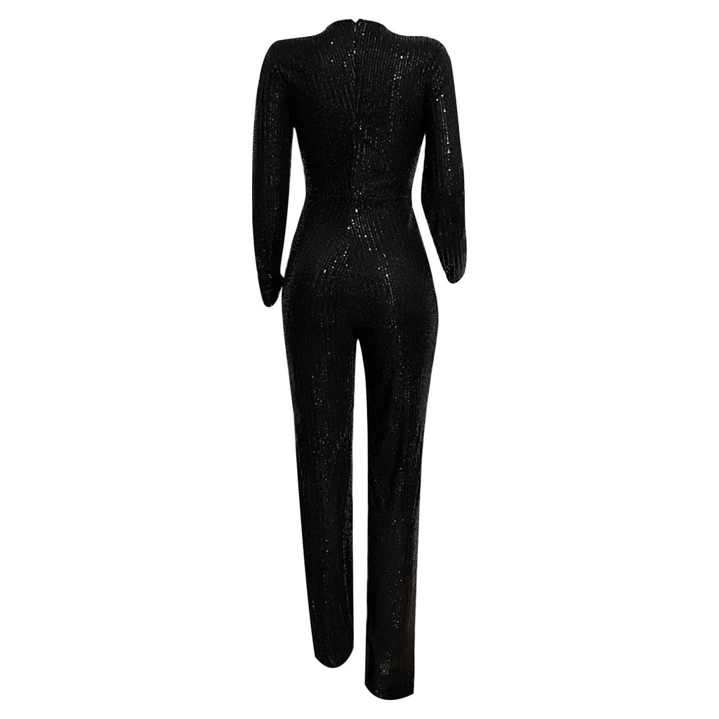 Womens 2024 Summer Sexy Deep V Neck Jumpsuits Long Sleeve One Piece Sequins Overalls Dressy Wide Leg Rompers