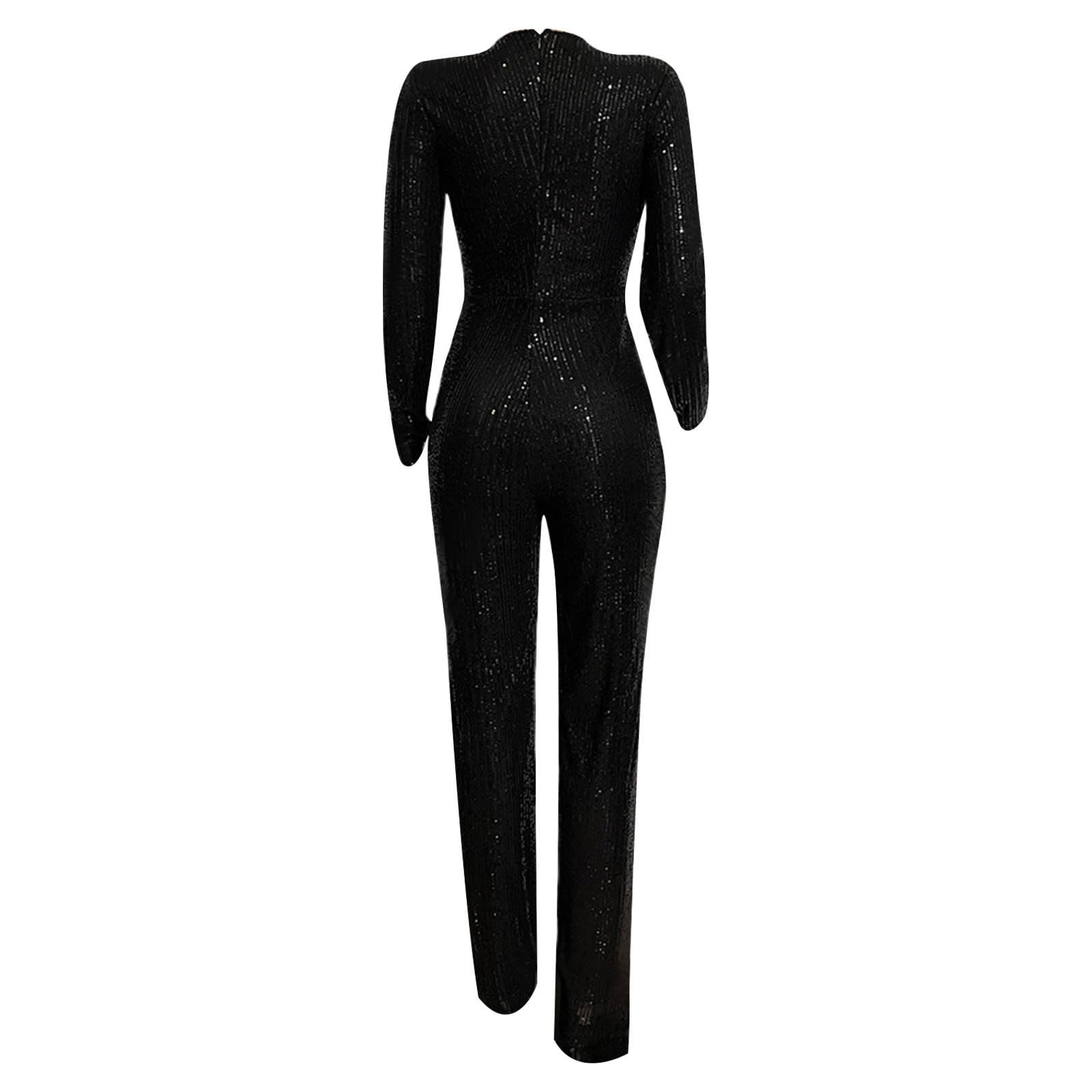Womens 2024 Summer Sexy Deep V Neck Jumpsuits Long Sleeve One Piece Sequins Overalls Dressy Wide Leg Rompers