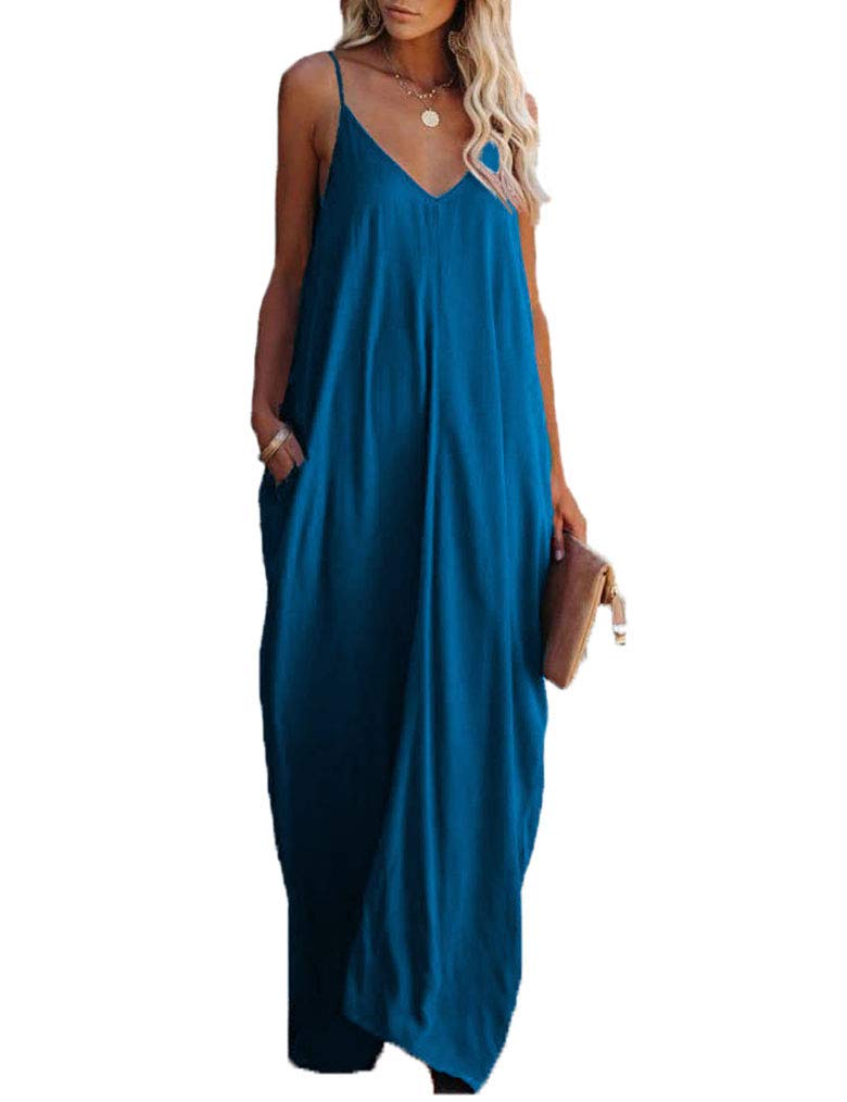 Poetsky Womens Casual Strappy V Neck Sleeveless Flowy Pockets Loose Long Maxi Beach Dress Sundress