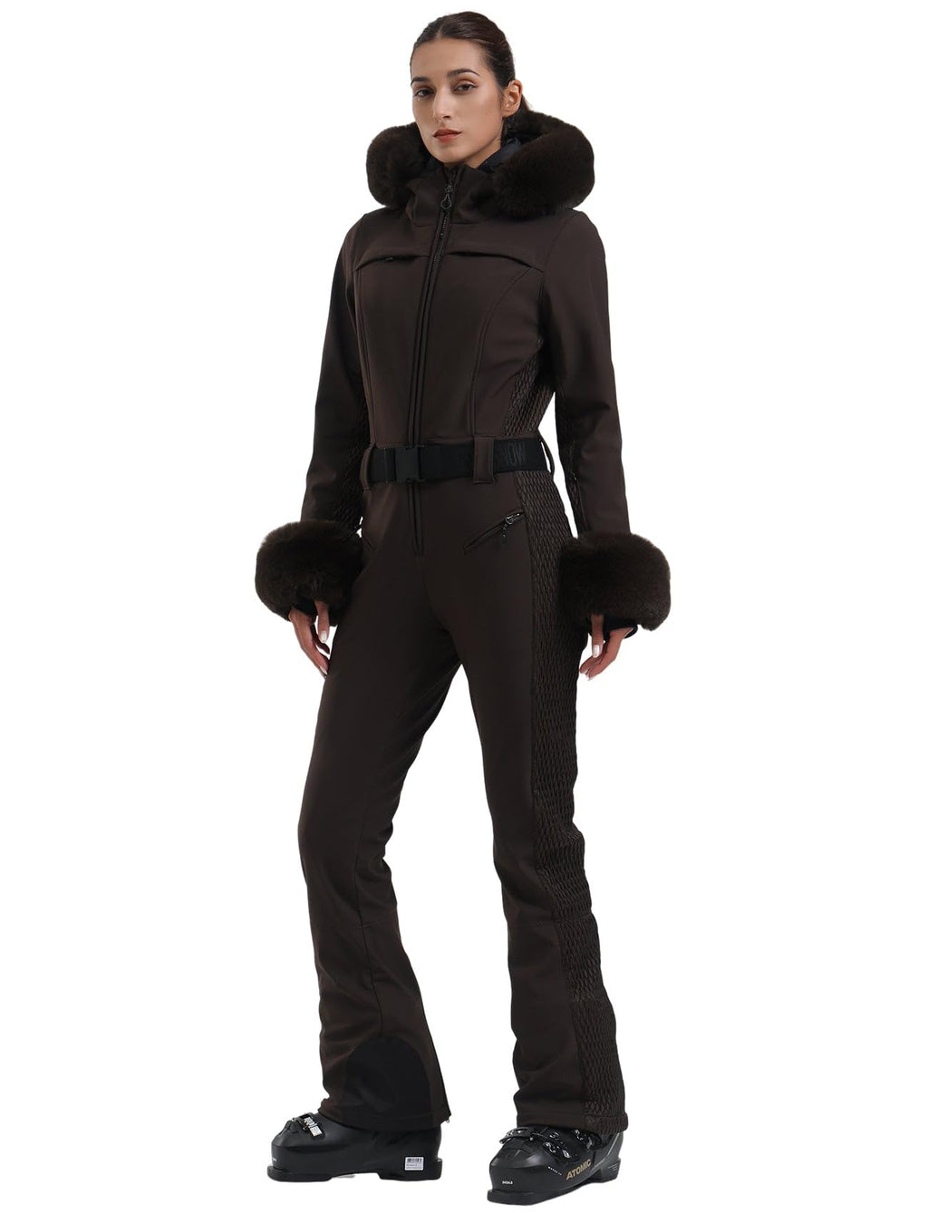 GSOU SNOW Ski Suit Womens One Piece Snowsuit Snowboard Jacket Slim Snow Jumpsuit Faux Fur Ski Outfit Waterproof Windproof