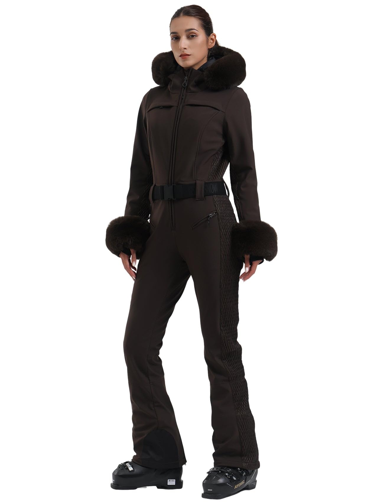 GSOU SNOW Ski Suit Womens One Piece Snowsuit Snowboard Jacket Slim Snow Jumpsuit Faux Fur Ski Outfit Waterproof Windproof