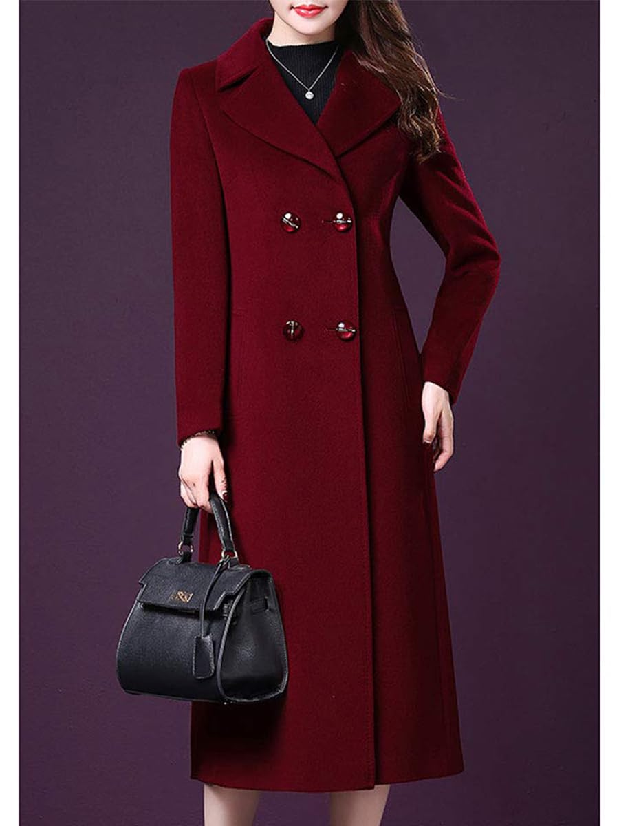 ebossy Women's Elegant Business Wool Coat Double Breasted Winter Long Coat