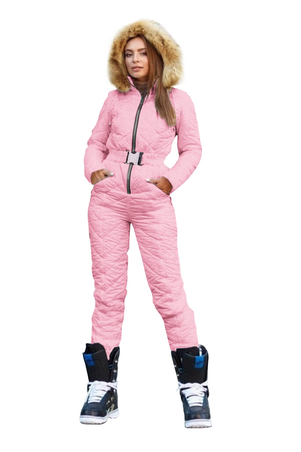 Yousify Womens Winter Ski Suit One Piece Hooded Fur Collar Ski Jumpsuit Snowsuit Outdoor Sports Coat