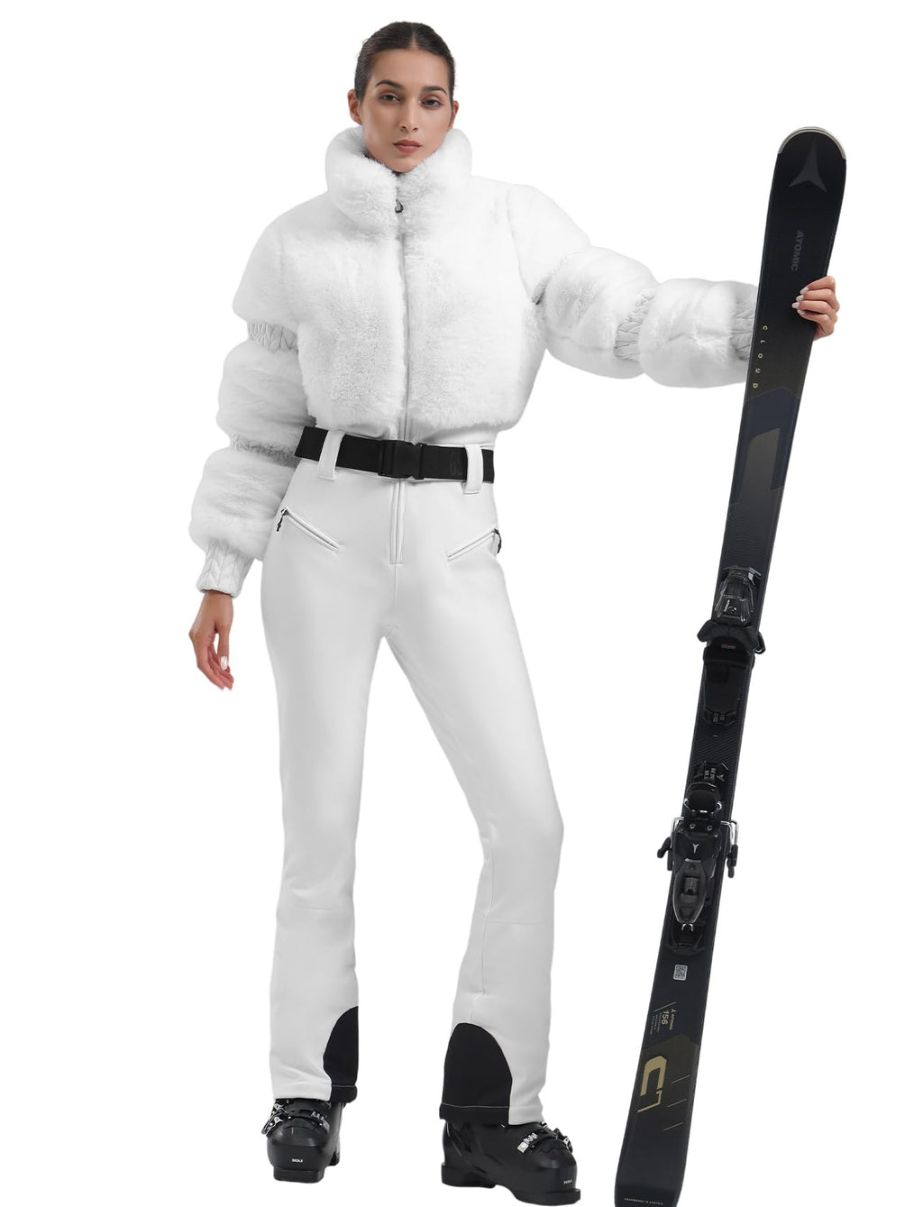 GSOU SNOW Women Ski Suit One Piece Snowsuit Snowboard Faux Fur Collar Slim Jumpsuit Jacket Insulated Windproof Outdoor Winter