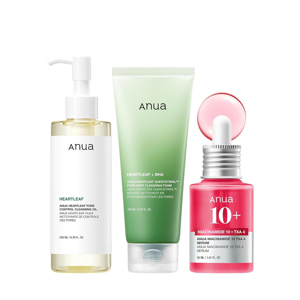 Anua 3-Step Glass Skin Beginner Set, Oil Cleanser and Face Wash with Facial Serum, Double Cleansing Daily Routine with Niacinamide, Korean Skin Care Set