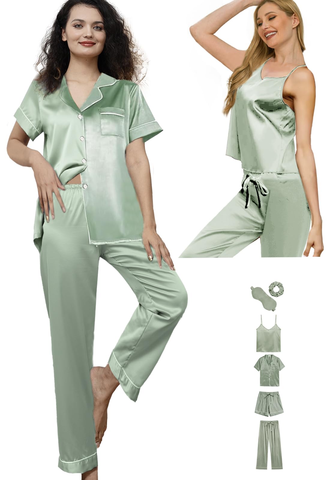 6Pcs Womens Silk Satin Pajama Sets Pj Sets Short Pjs Set Pajamas Sleepwear Camisole Sexy Cami