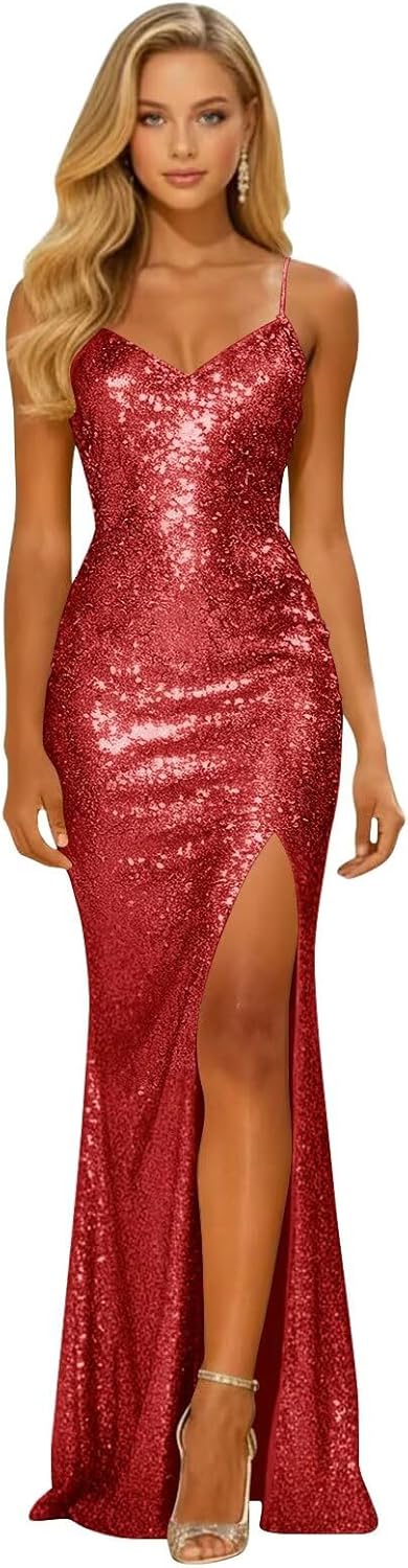 Long Sparkly Sequin V Neck Prom Dresses with Slit Mermaid Formal Evening Party Gown 2026