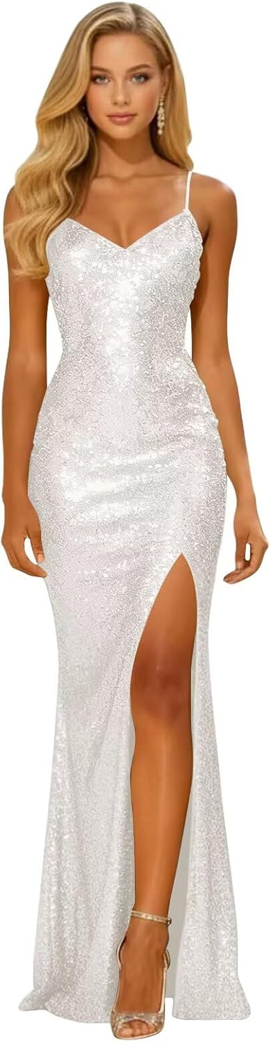 Long Sparkly Sequin V Neck Prom Dresses with Slit Mermaid Formal Evening Party Gown 2026