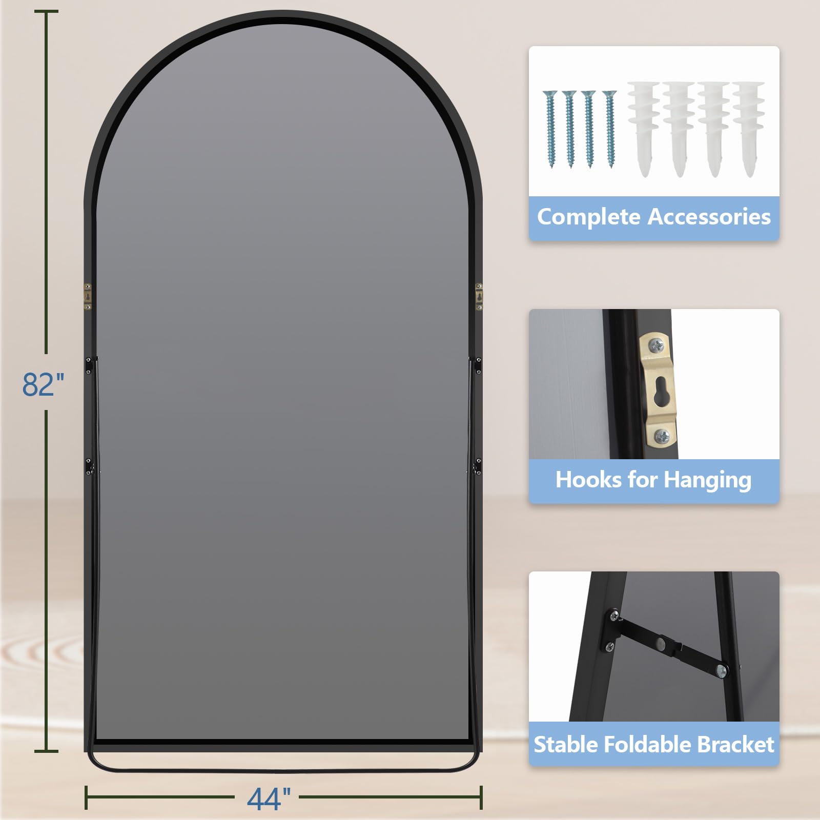 Oversized Floor Mirror Full Length with Stand, 72"X44" Extra Large Arch Standing Mirror Full Length, Tempered Glass Black Full Body Mirror for Bedroom Living Room, Aluminum Alloy Frame