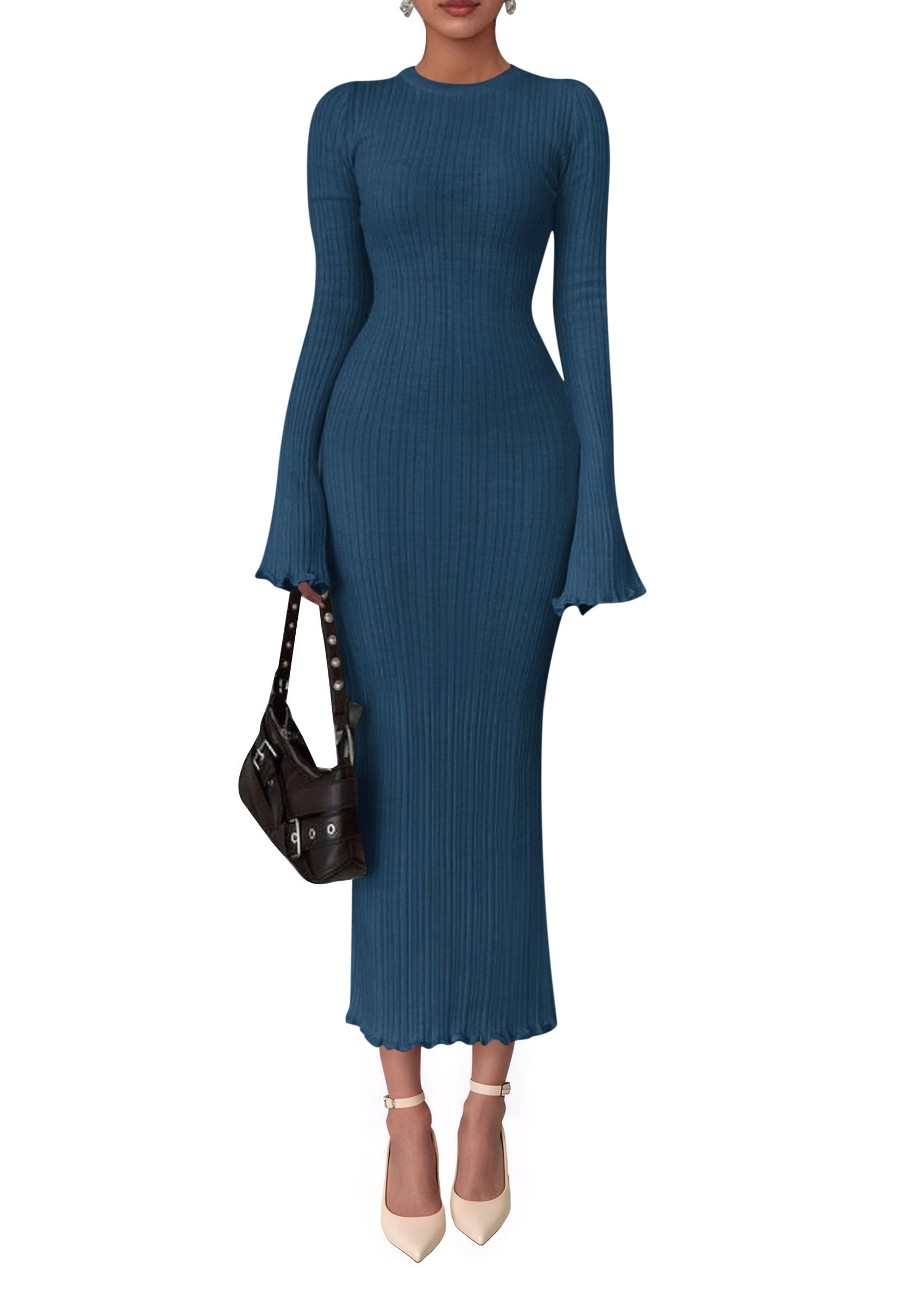 PRETTYGARDEN Sweater Dresses for Women 2025 Fall Bell Long Sleeve Crew Neck Bodycon Maxi Dress Winter Ribbed Knit Outfits