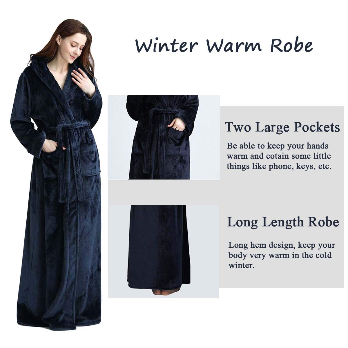 Hellomamma Long Hooded Robe for Women Luxurious Flannel Fleece Full Length Bathrobe Winter Warm Pajamas Shower Nightgown