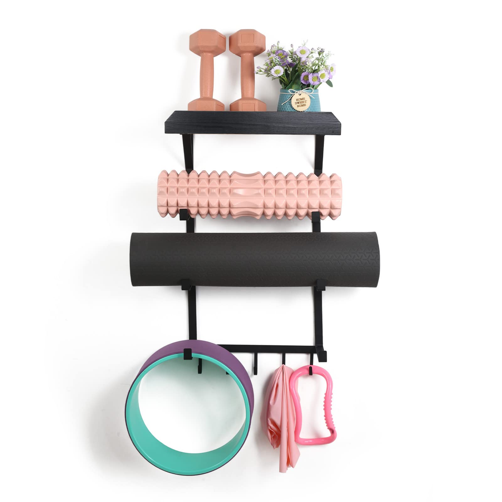 Yoga Mat Holder Wall Mount,17" x 28" Yoga Mat Rack Home Gym Accessories, Storage for Foam Roller, with Wood Floating Shelves and 5 Hooks for Hanging Yoga Strap and Resistance Bands