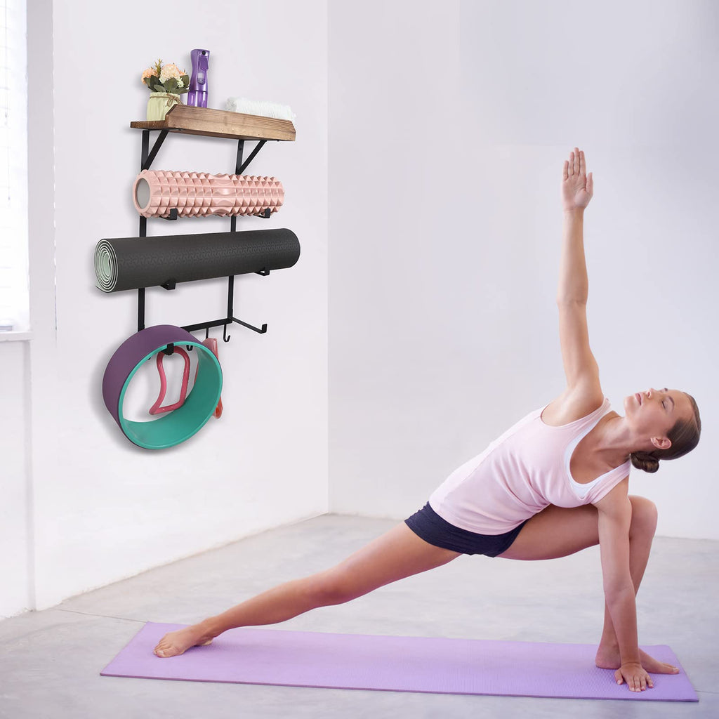 Yoga Mat Holder Wall Mount,17" x 28" Yoga Mat Rack Home Gym Accessories, Storage for Foam Roller, with Wood Floating Shelves and 5 Hooks for Hanging Yoga Strap and Resistance Bands