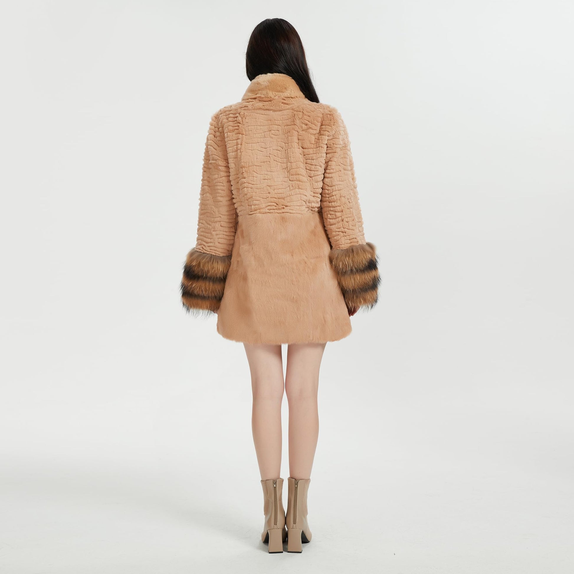 Fur Story Women's Genuine Rabbit Fur Coat With Fox Fur Cuffs Warm Winter Coat Black Long Jacket