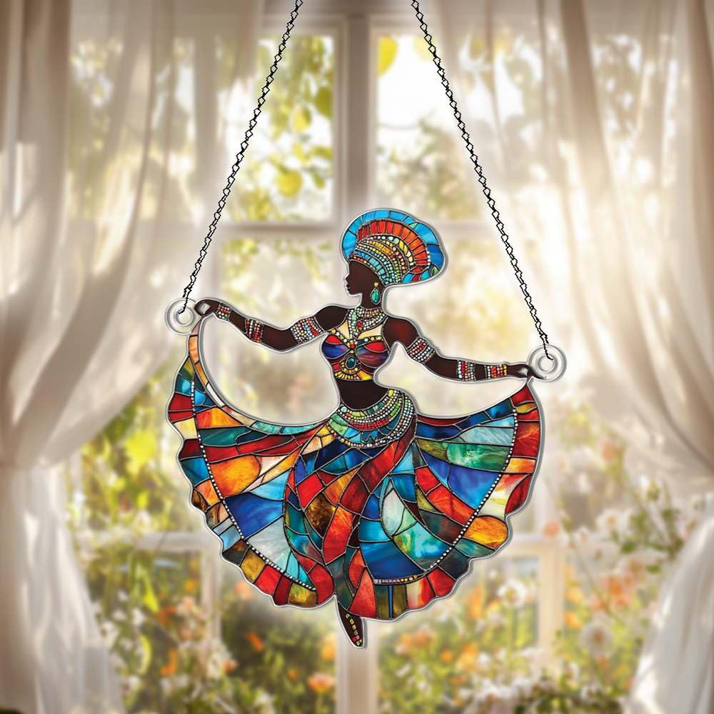 African Woman Ornaments Decor for Christmas Tree - African Woman Gifts for Women Men - Black Girl Dancing Home Kitchen Room Christmas Decorations - 2D Flat Acrylic Ornament Window Hanging