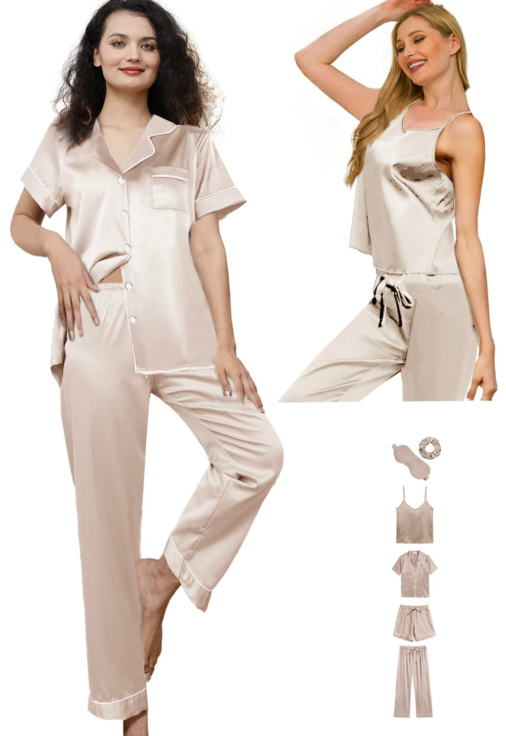 6Pcs Womens Silk Satin Pajama Sets Pj Sets Short Pjs Set Pajamas Sleepwear Camisole Sexy Cami