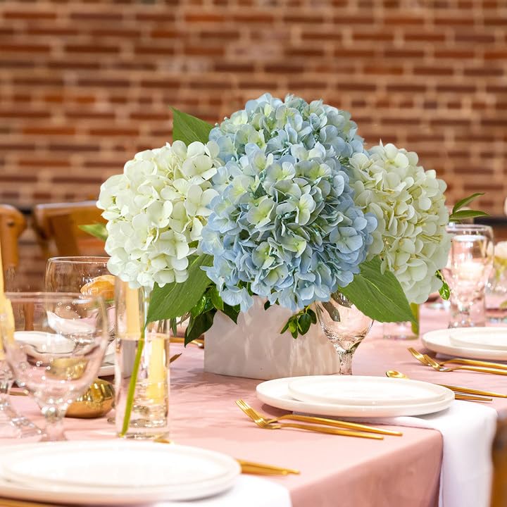 Light Blue Hydrangea Artificial Flowers,4Pcs 20" Real Touch Lifelike Silk Artificial Hydrangeas, Full Fake Flowers for Bouquet Table Centerpieces Spring Wedding Indoor Home