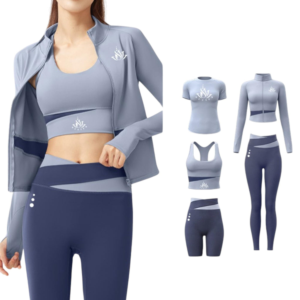 Women Activewear Gymwear Yoga Suit Athleisure Five Piece Set, T-Shirt, Jacket, Sports Bra, Leggings, Running Shorts