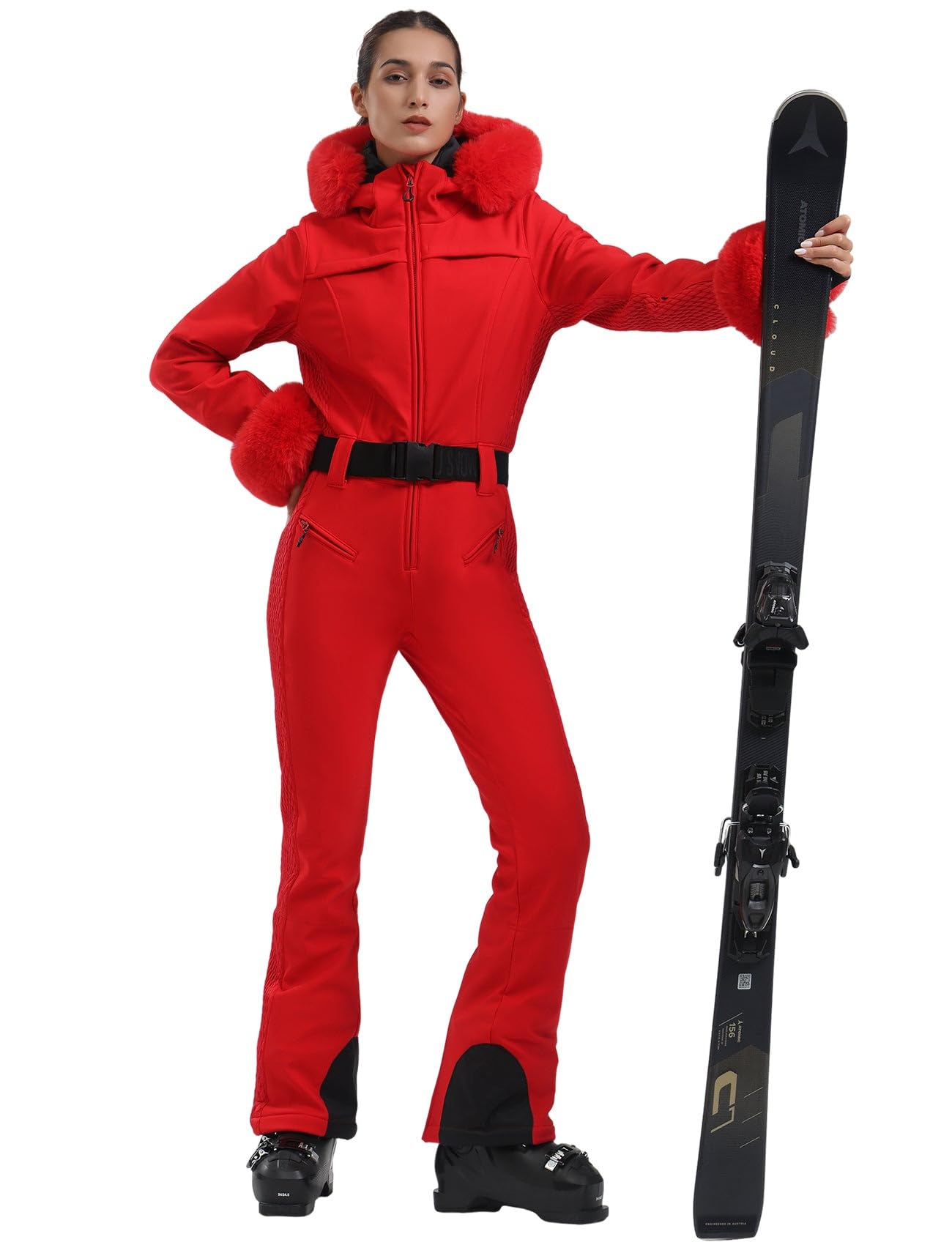 GSOU SNOW Ski Suit Womens One Piece Snowsuit Snowboard Jacket Slim Snow Jumpsuit Faux Fur Ski Outfit Waterproof Windproof