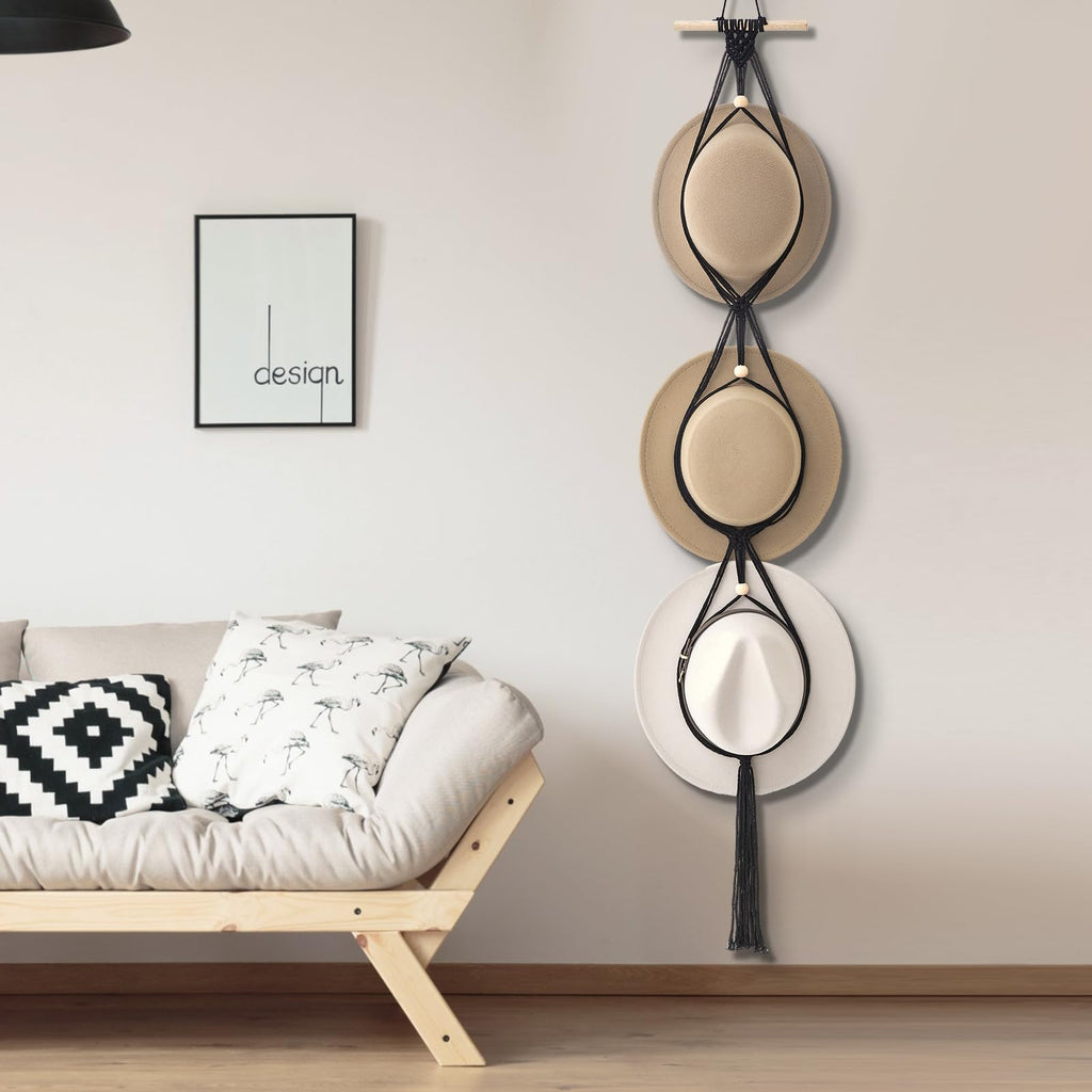 Yulejo Macrame Hat Hangers Boho Hat Rack for Wall Western Cowboy Hanging Organizer for Door Wall Room Bedroom