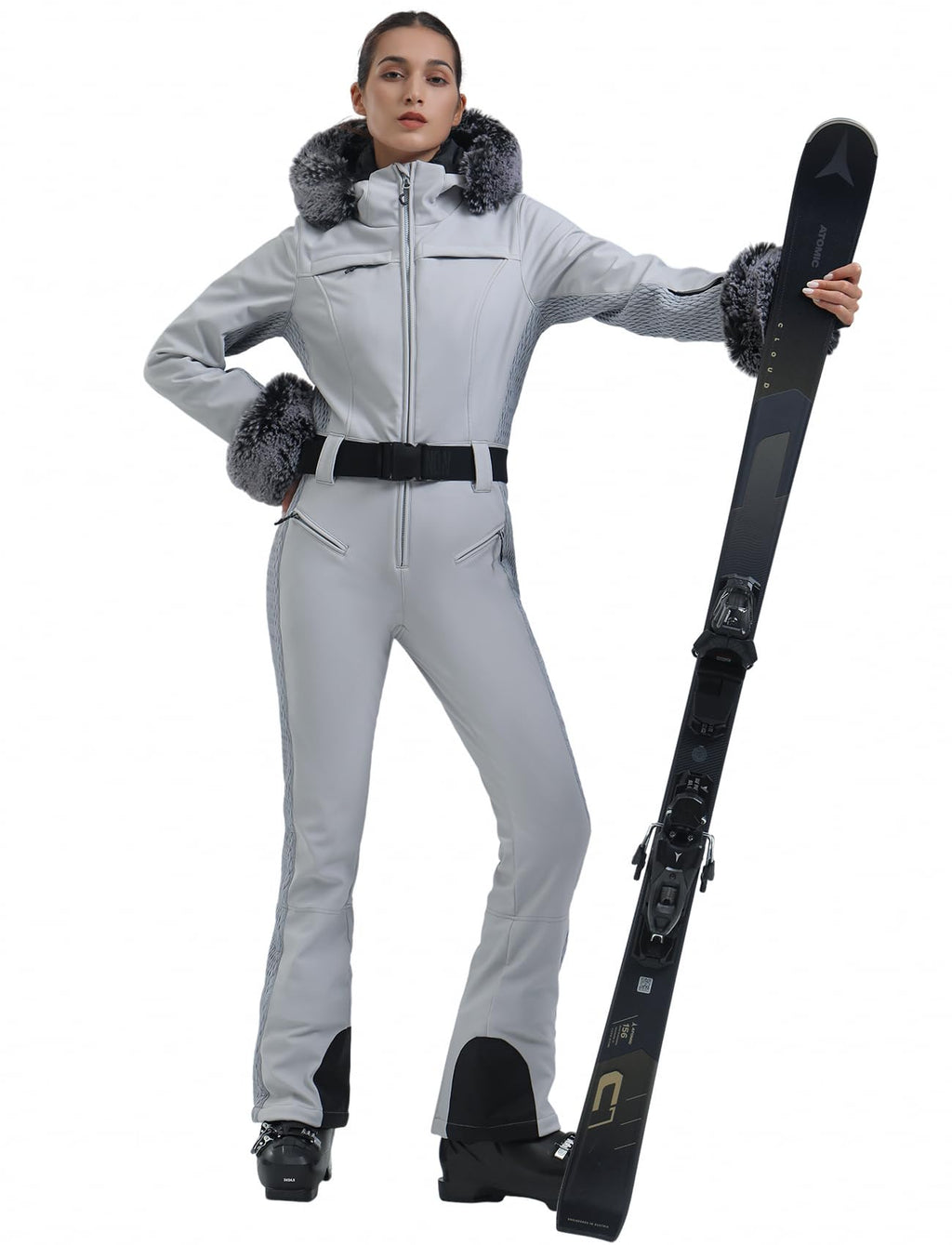 GSOU SNOW Ski Suit Womens One Piece Snowsuit Snowboard Jacket Slim Snow Jumpsuit Faux Fur Ski Outfit Waterproof Windproof