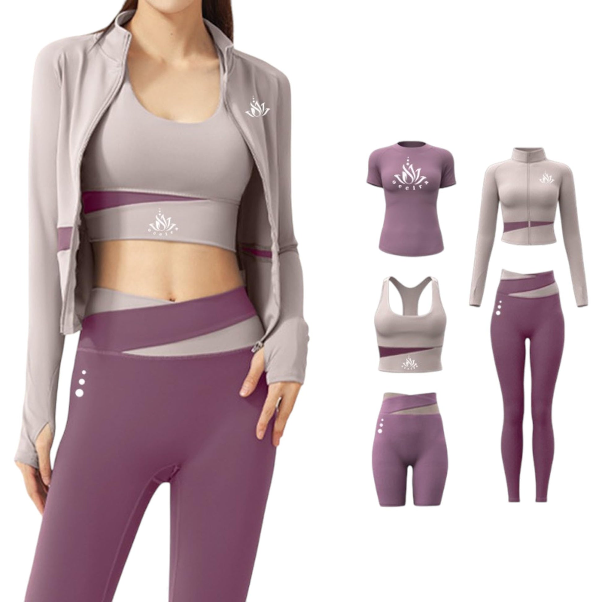 Women Activewear Gymwear Yoga Suit Athleisure Five Piece Set, T-Shirt, Jacket, Sports Bra, Leggings, Running Shorts