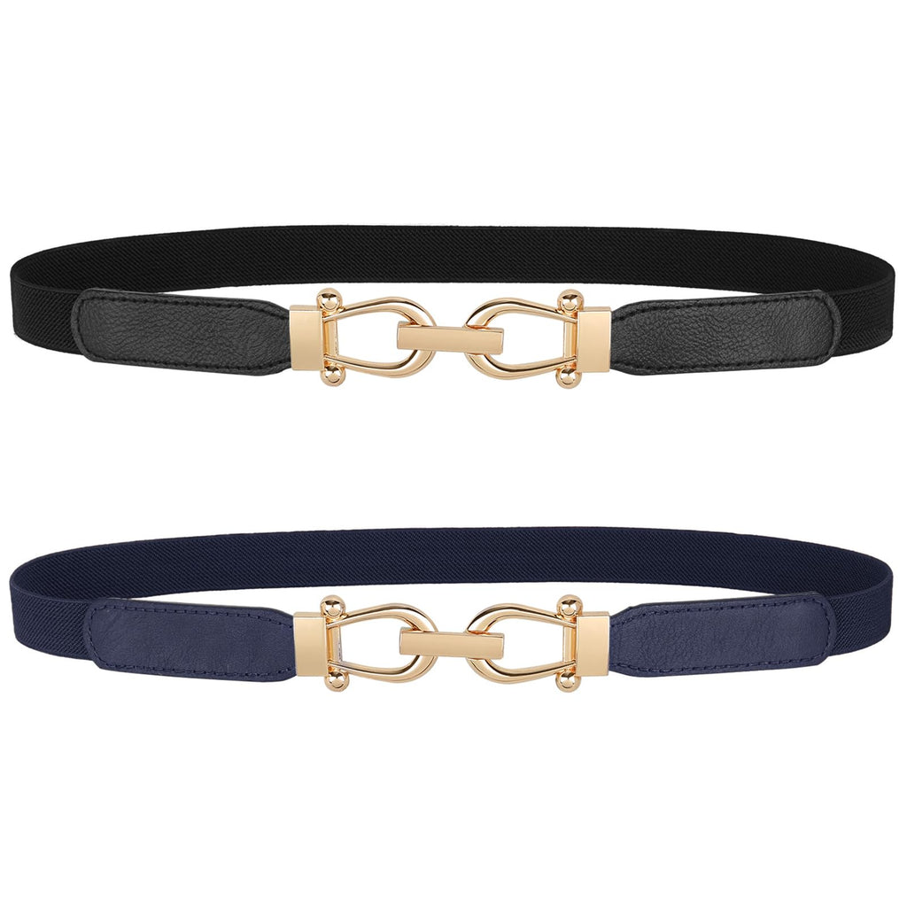 JASGOOD Women Skinny Elastic Belt for Dresses,Thin Retro Stretch Waist Belt with Golden Buckle