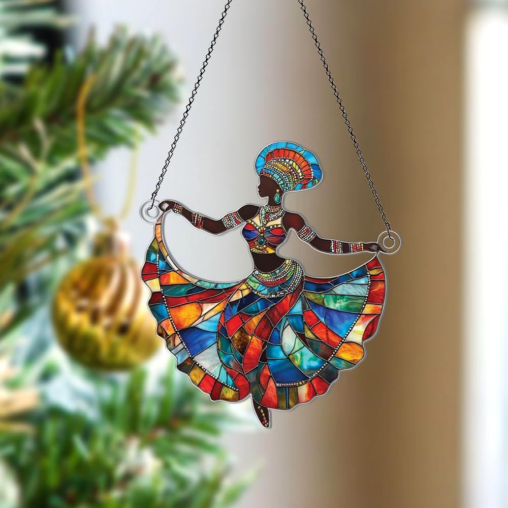 African Woman Ornaments Decor for Christmas Tree - African Woman Gifts for Women Men - Black Girl Dancing Home Kitchen Room Christmas Decorations - 2D Flat Acrylic Ornament Window Hanging
