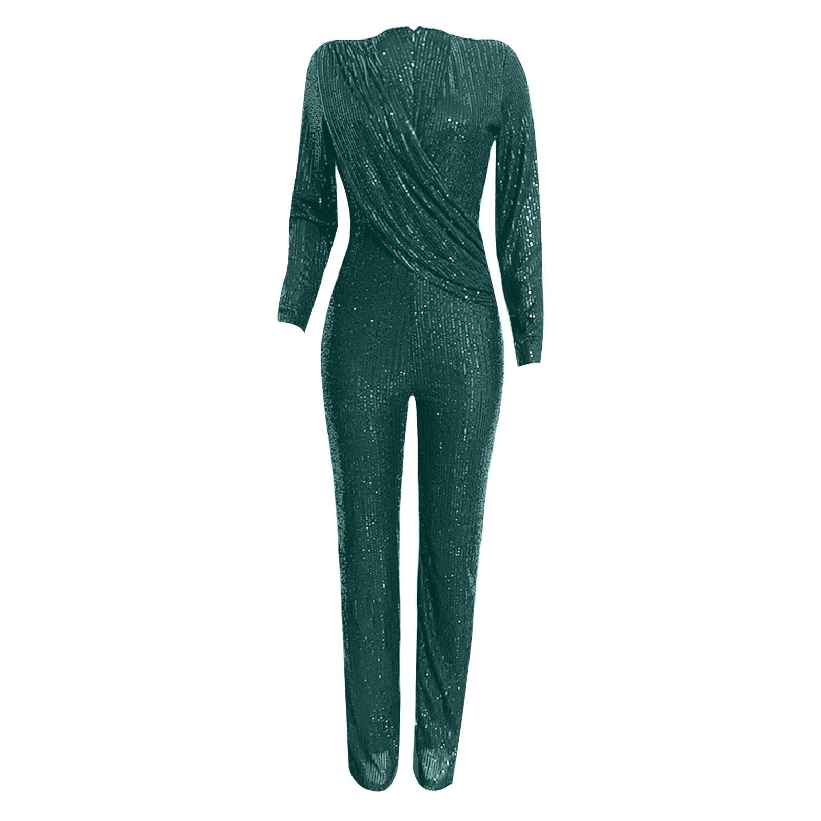 Womens 2024 Summer Sexy Deep V Neck Jumpsuits Long Sleeve One Piece Sequins Overalls Dressy Wide Leg Rompers