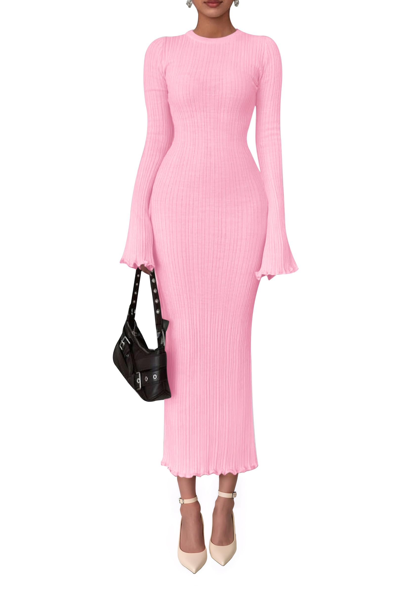 PRETTYGARDEN Sweater Dresses for Women 2025 Fall Bell Long Sleeve Crew Neck Bodycon Maxi Dress Winter Ribbed Knit Outfits