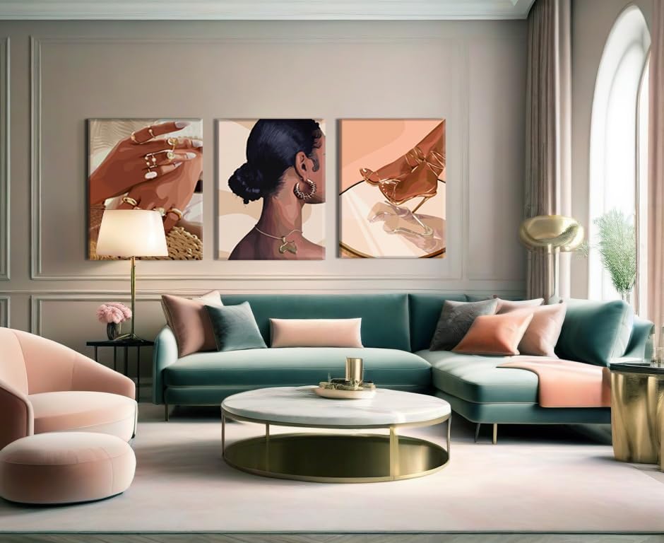 Framed Black Girl Wall Art Set of 3, Black Woman with Floral Pictures Wall Decor Paintings, Fashion African American Female Canvas Prints Home Decor for Living Room Bedroom Office 16x24 inch