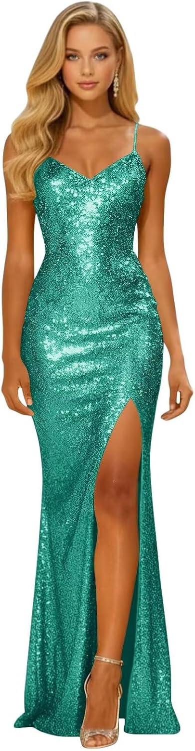 Long Sparkly Sequin V Neck Prom Dresses with Slit Mermaid Formal Evening Party Gown 2026
