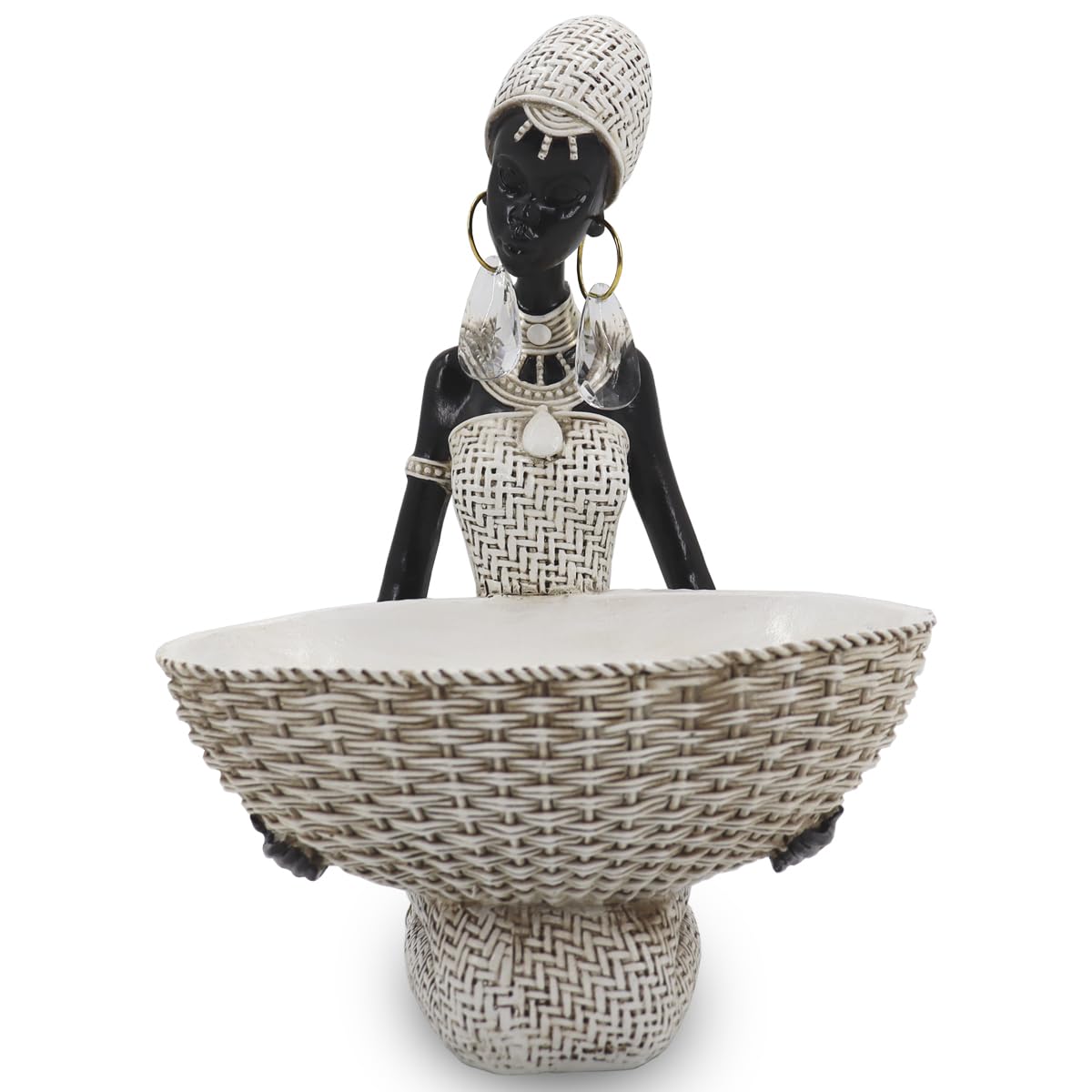 Handmade African Tribal Woman Sculpture - Gold Adorned Seated Figure with Basket, Vintage Resin Statue for Home Decor, Unique Housewarming Gift for Shelf/Table (9.65" H)