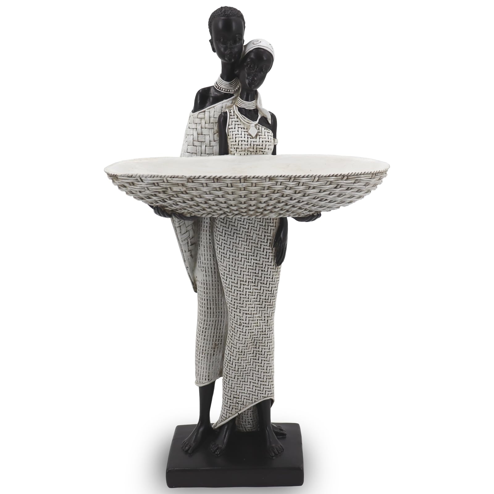 Handmade African Tribal Woman Sculpture - Gold Adorned Seated Figure with Basket, Vintage Resin Statue for Home Decor, Unique Housewarming Gift for Shelf/Table (9.65" H)