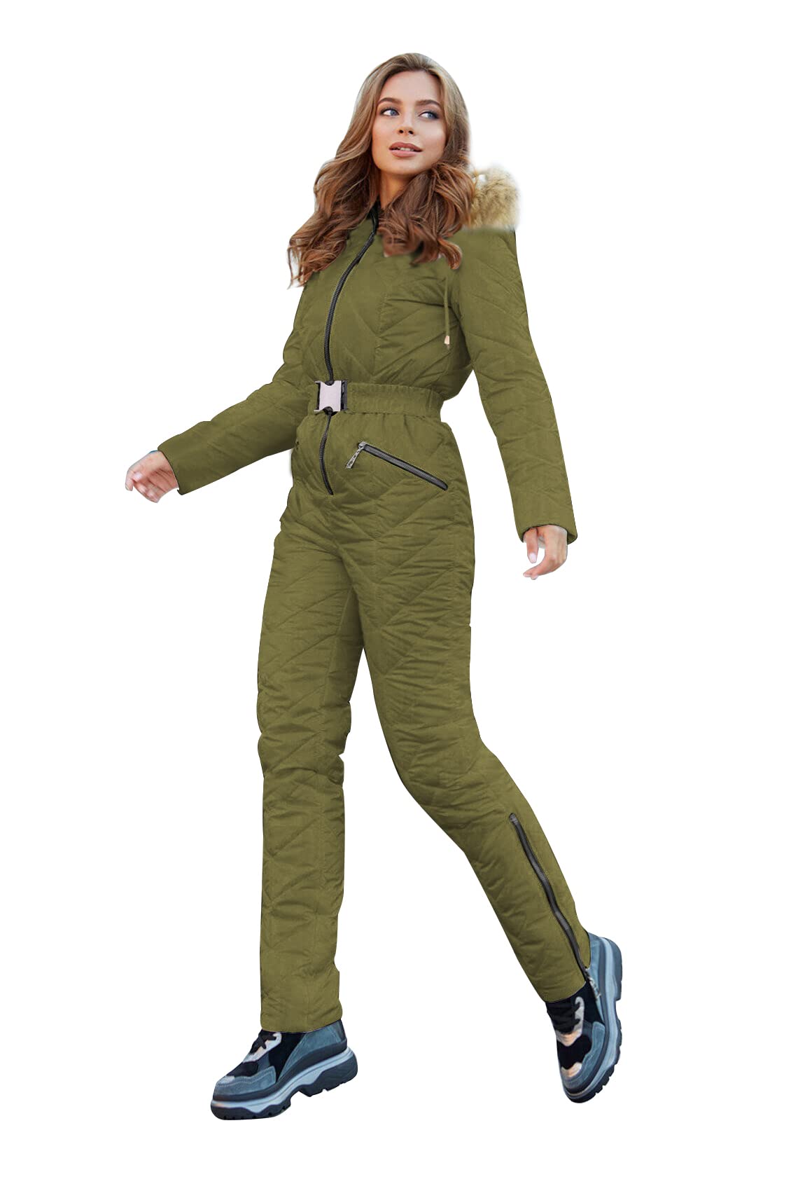 Yousify Womens Winter Ski Suit One Piece Hooded Fur Collar Ski Jumpsuit Snowsuit Outdoor Sports Coat