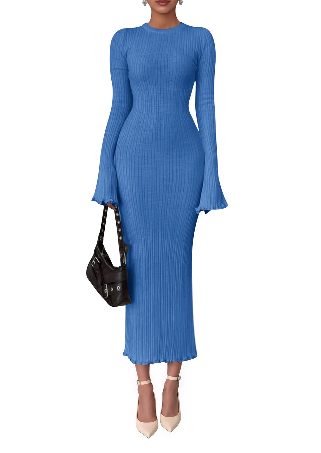 PRETTYGARDEN Sweater Dresses for Women 2025 Fall Bell Long Sleeve Crew Neck Bodycon Maxi Dress Winter Ribbed Knit Outfits