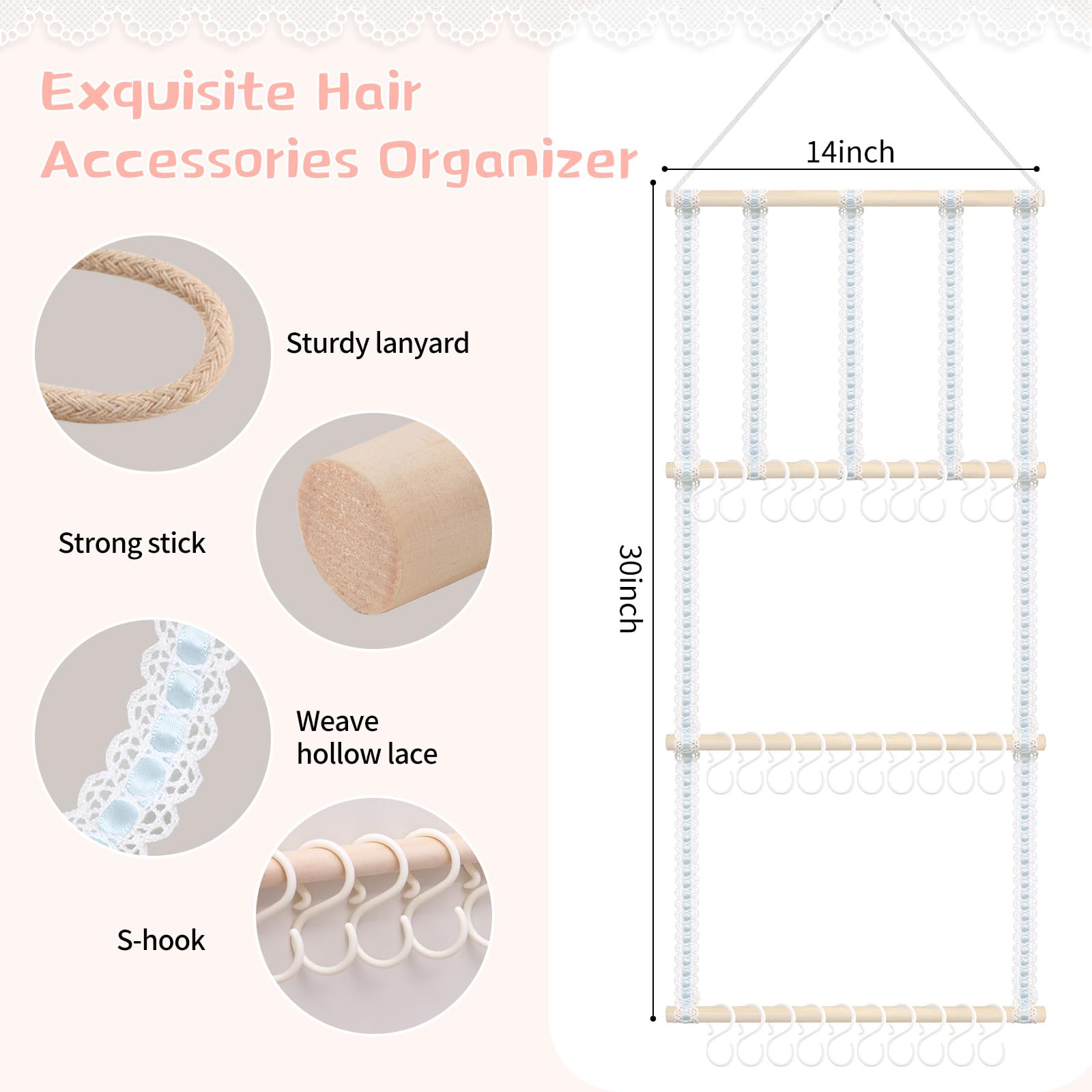 POVETIRE Headband Holder Hair Bows Organizer for Girls, Baby Headbands Hair Accessories Organizer Storage Wall Hanging Decor for Toddler Girls Room