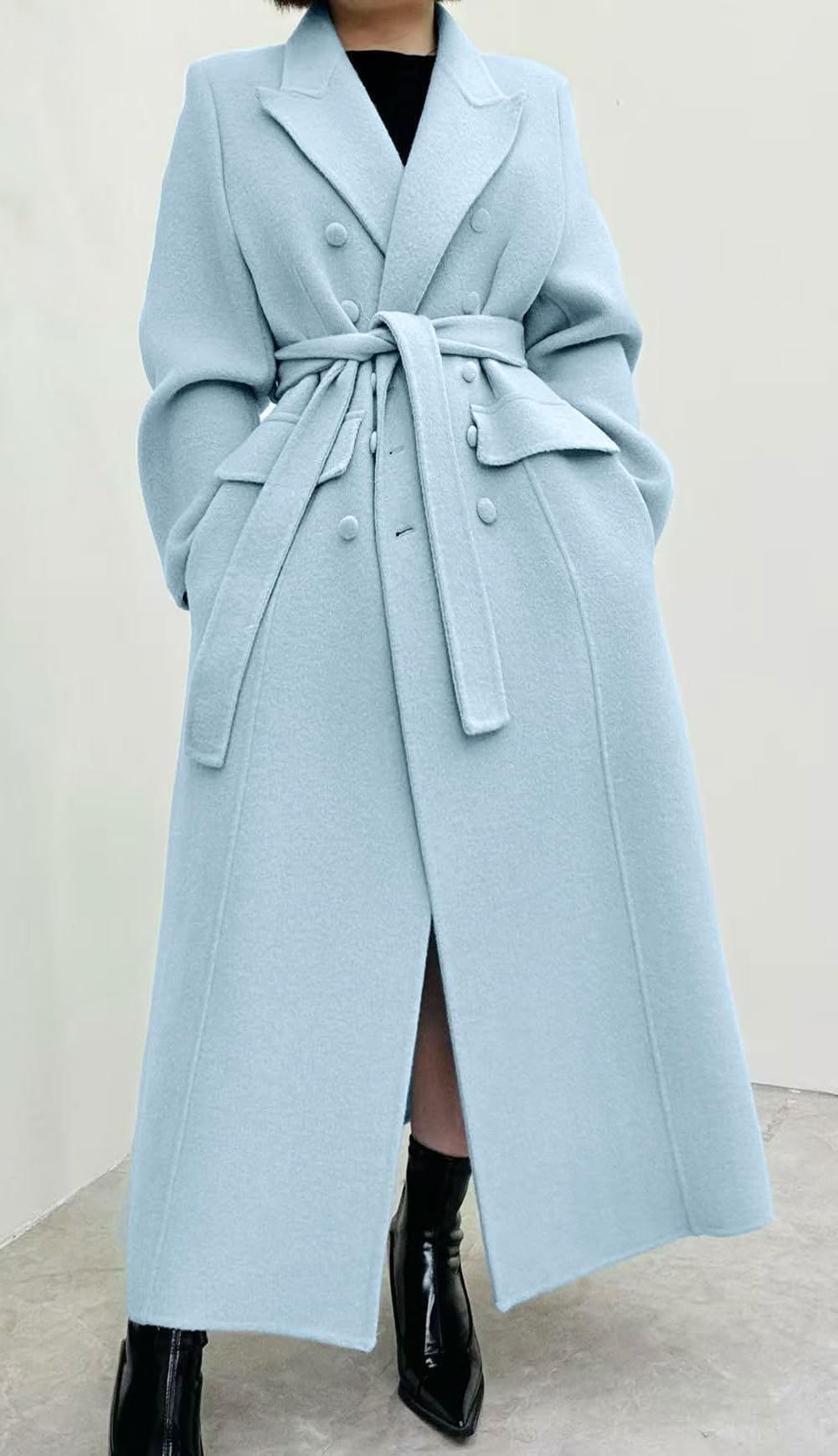 CHARTOU Women Long Winter Wool Pea Coat Lapel Double Breasted Trench Over Coat with Belt