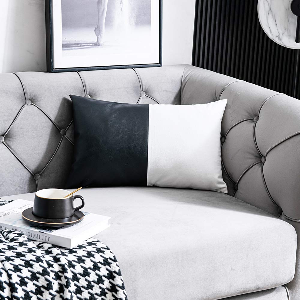 DEZENE Leather Throw Pillow Covers, Set of 2 Modern Leather/Cotton Decorative Pillowcases for Home Decor Bedroom Living Room Couch Bed Sofa, 18x18 Inch, Cognac-Brown and White