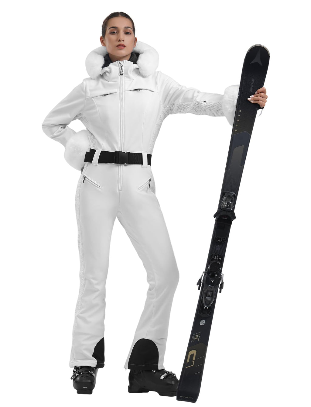 GSOU SNOW Ski Suit Womens One Piece Snowsuit Snowboard Jacket Slim Snow Jumpsuit Faux Fur Ski Outfit Waterproof Windproof
