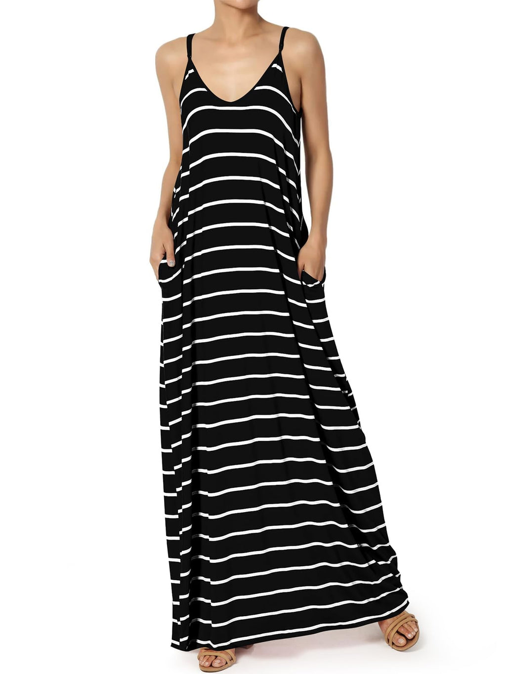 Poetsky Womens Casual Strappy V Neck Sleeveless Flowy Pockets Loose Long Maxi Beach Dress Sundress