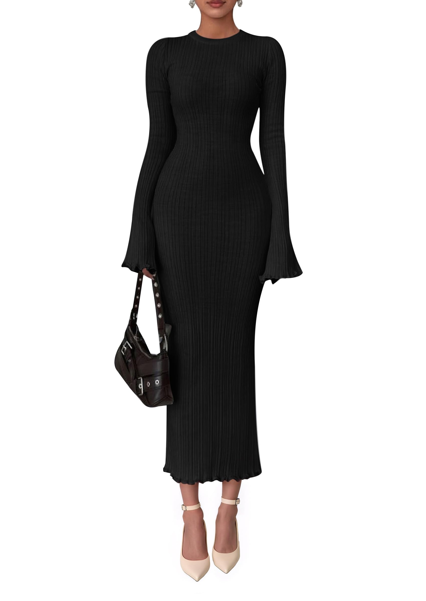 PRETTYGARDEN Sweater Dresses for Women 2025 Fall Bell Long Sleeve Crew Neck Bodycon Maxi Dress Winter Ribbed Knit Outfits