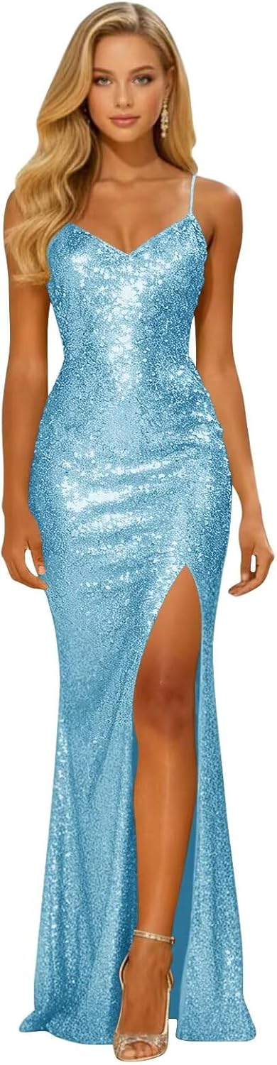 Long Sparkly Sequin V Neck Prom Dresses with Slit Mermaid Formal Evening Party Gown 2026