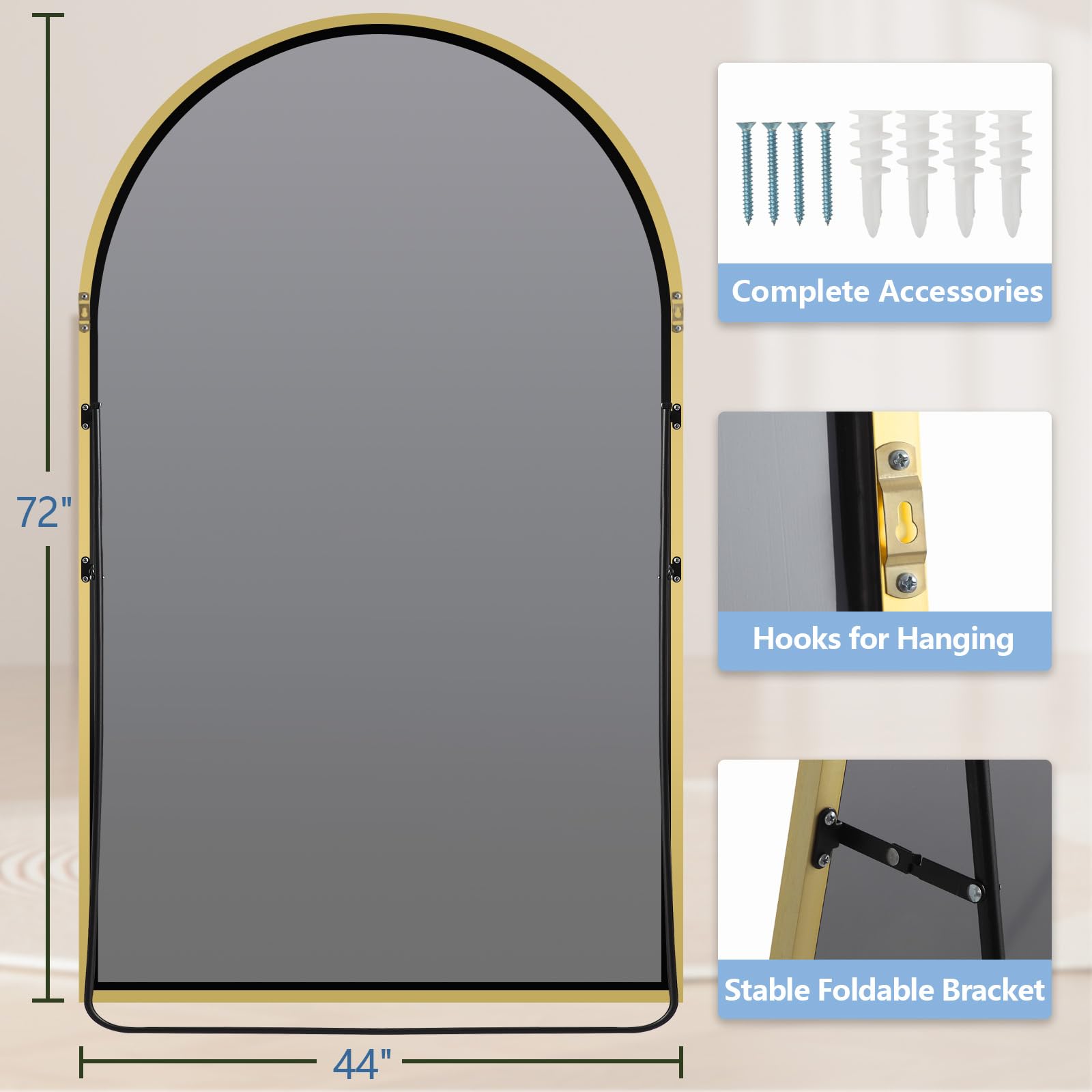 Oversized Floor Mirror Full Length with Stand, 72"X44" Extra Large Arch Standing Mirror Full Length, Tempered Glass Black Full Body Mirror for Bedroom Living Room, Aluminum Alloy Frame