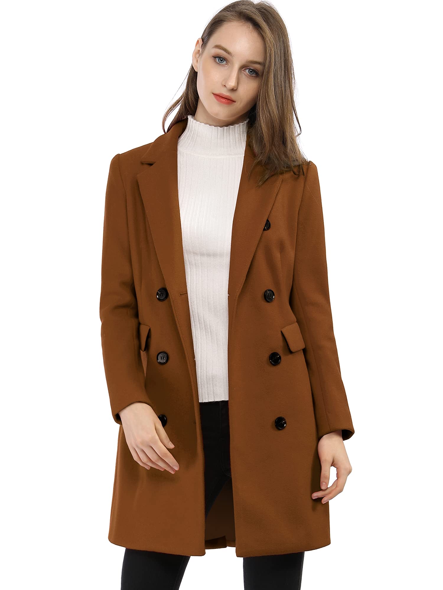 Allegra K Women's Winter Coat Elegant Notched Lapel Double Breasted Trench Coat