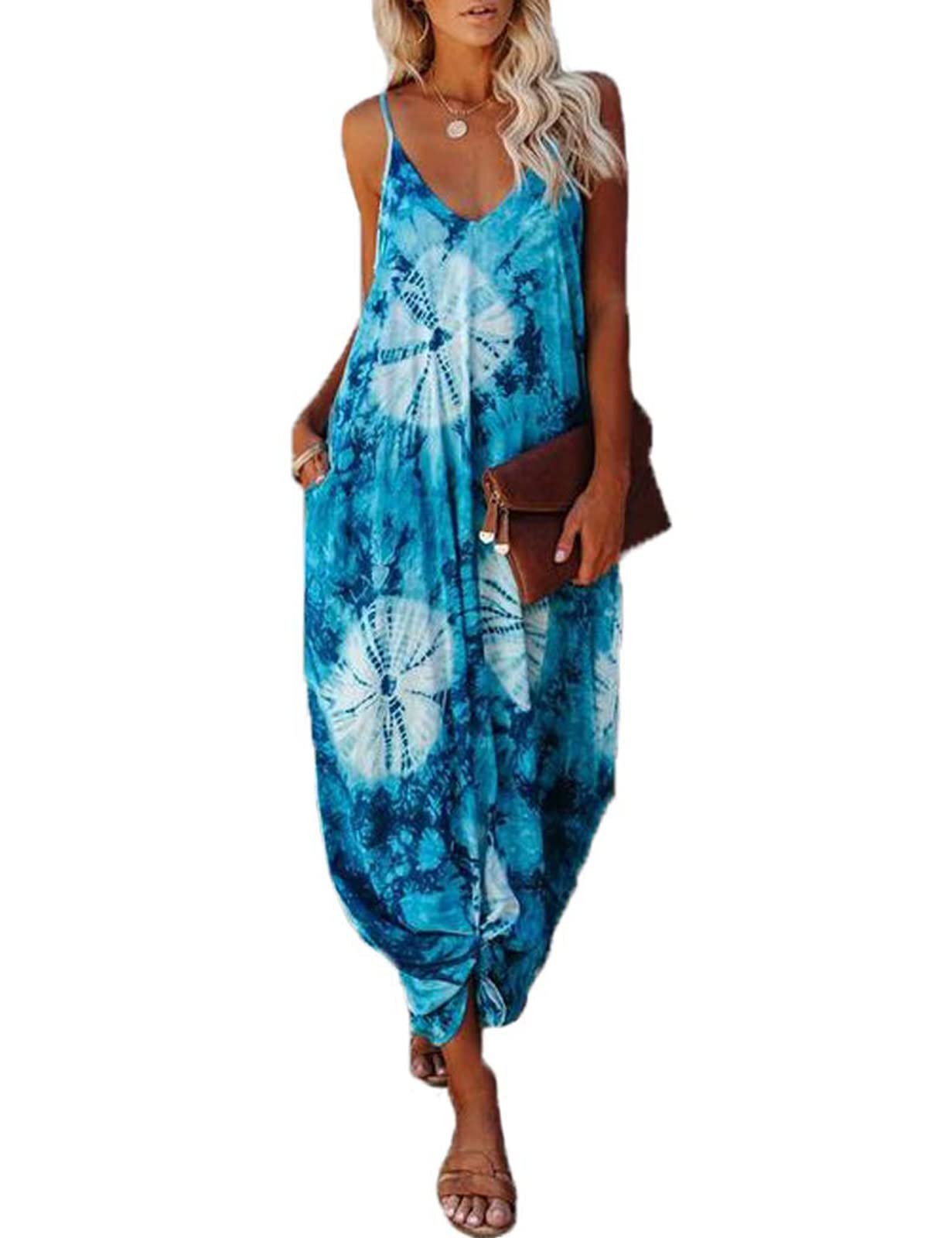 Poetsky Womens Casual Strappy V Neck Sleeveless Flowy Pockets Loose Long Maxi Beach Dress Sundress